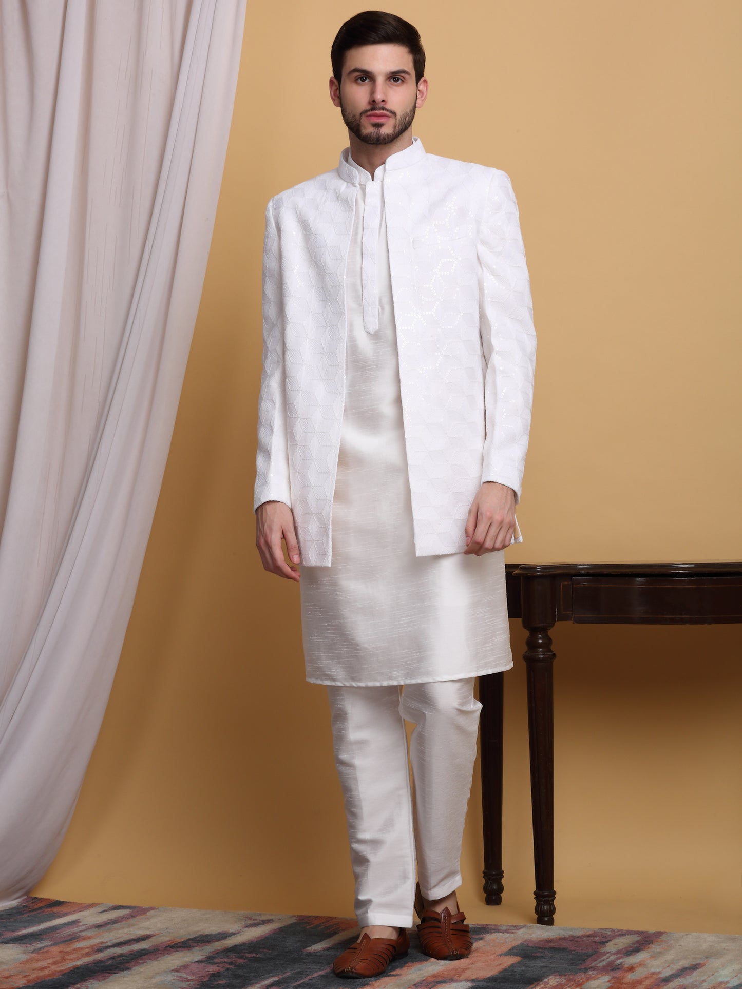 Kohima Embroidered Open Jacket Set - Ivory