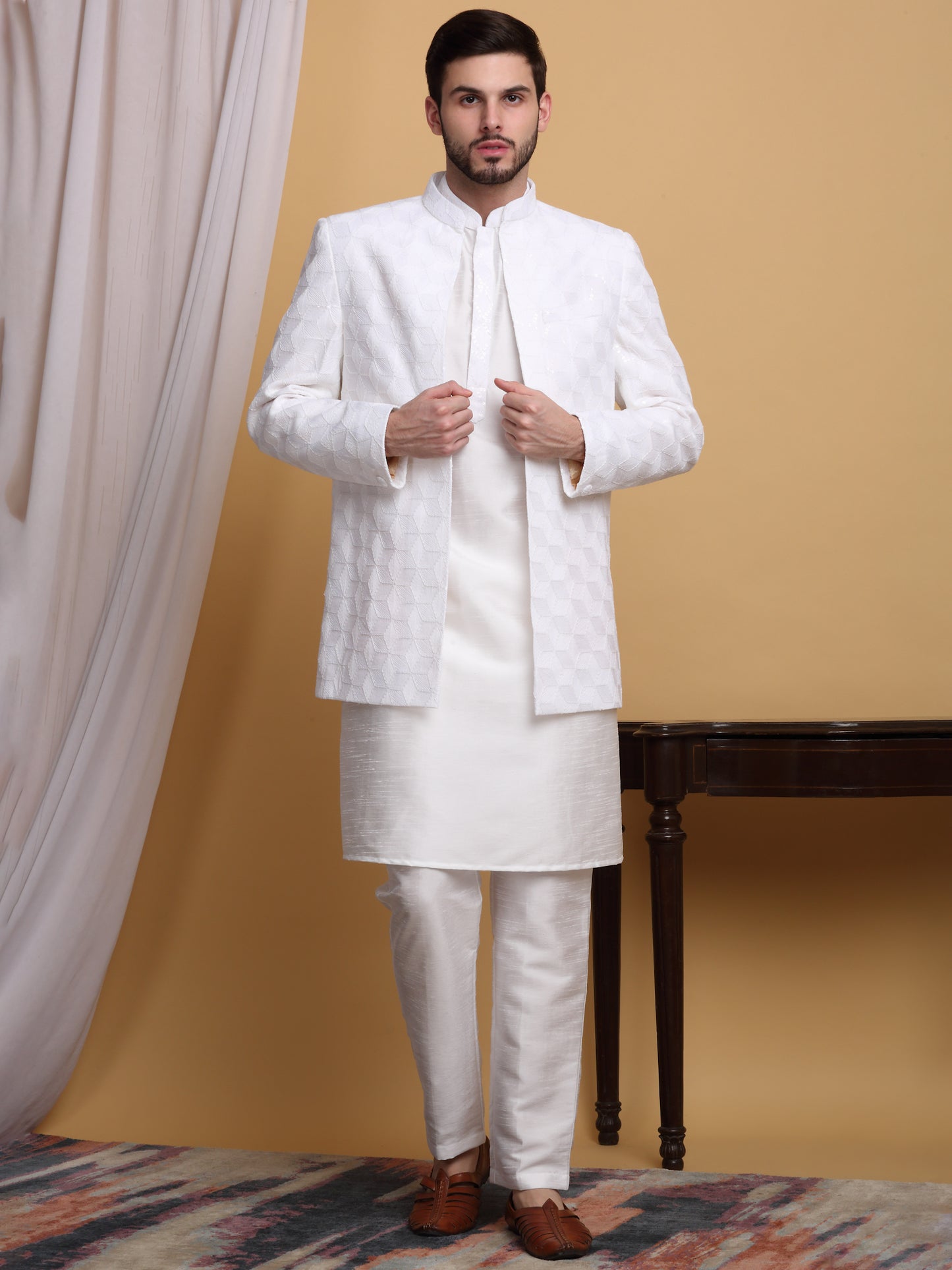 Kohima Embroidered Open Jacket Set - Ivory