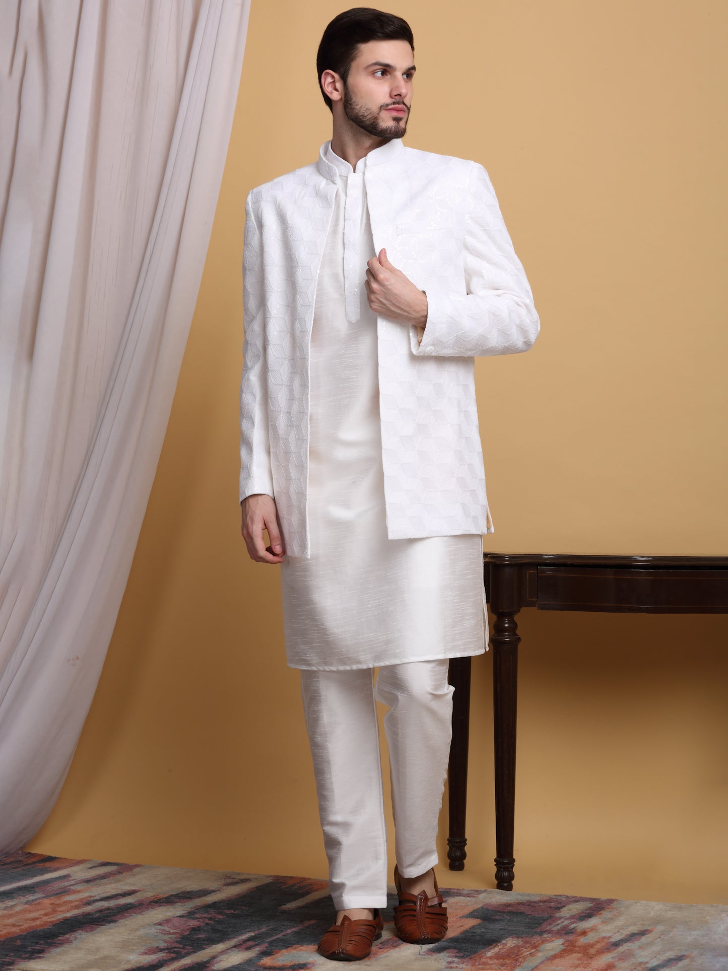 Kohima Embroidered Open Jacket Set - Ivory