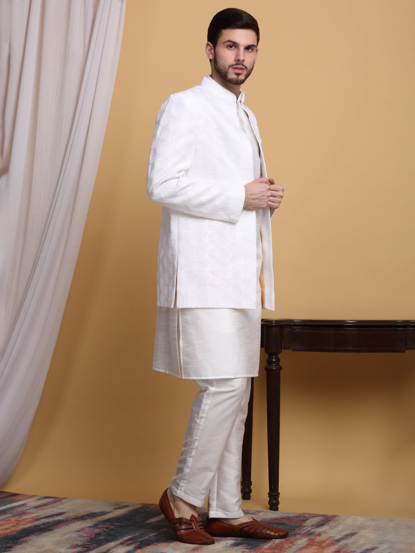 Kohima Embroidered Open Jacket Set - Ivory