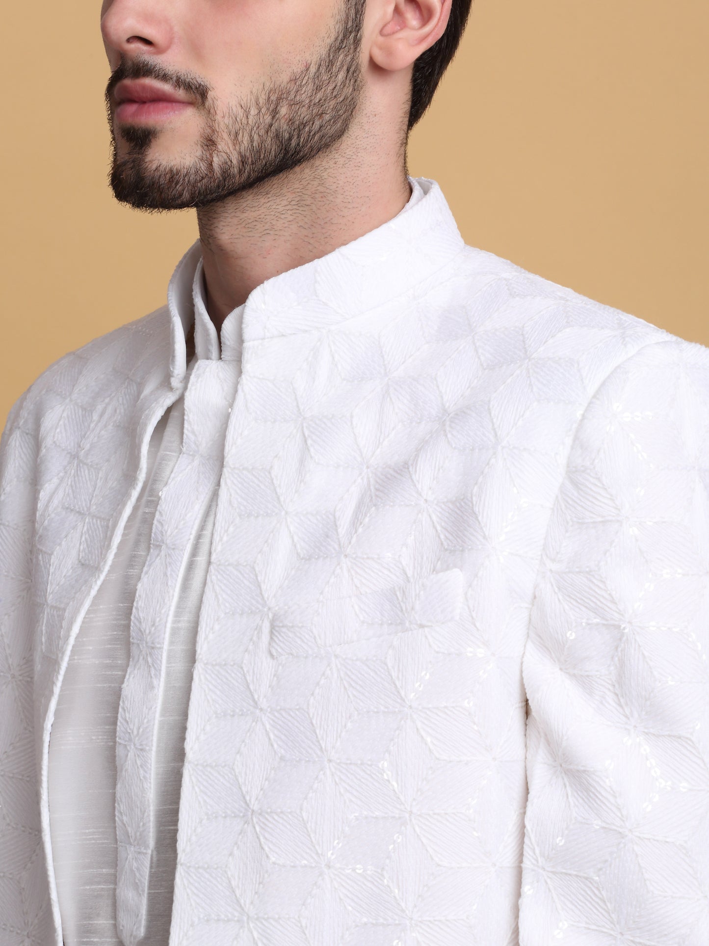 Kohima Embroidered Open Jacket Set - Ivory