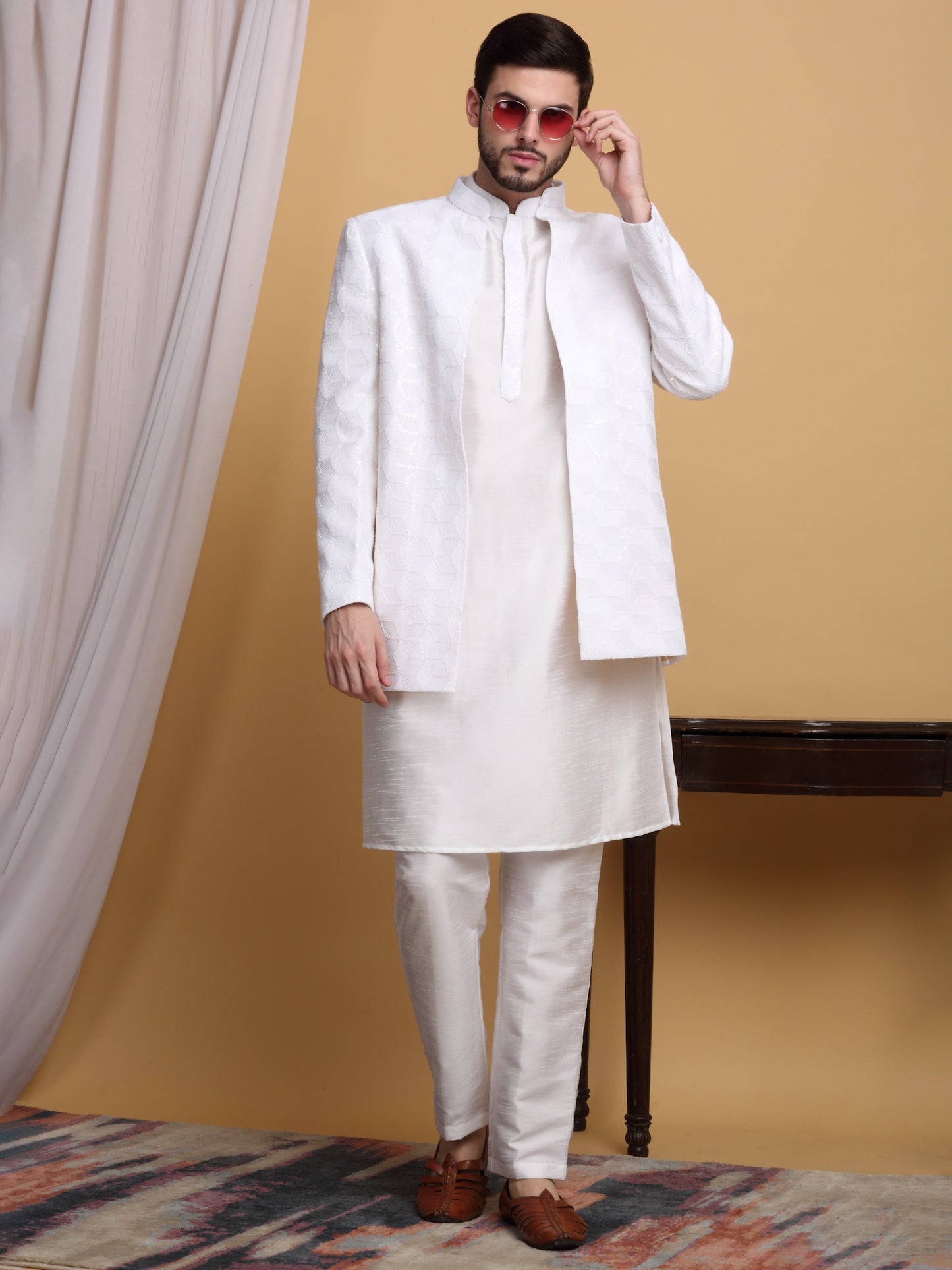 Kohima Embroidered Open Jacket Set - Ivory