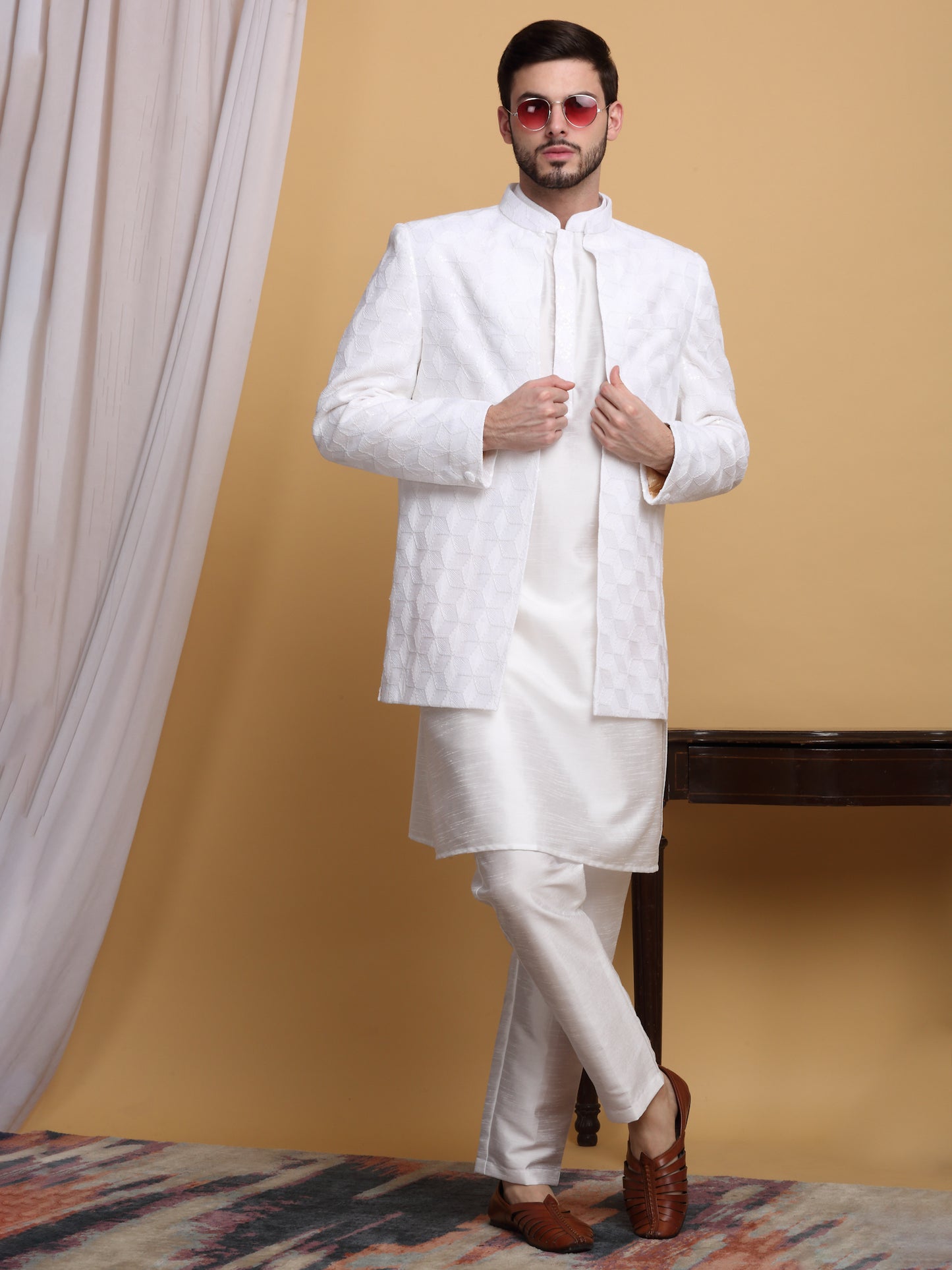 Kohima Embroidered Open Jacket Set - Ivory