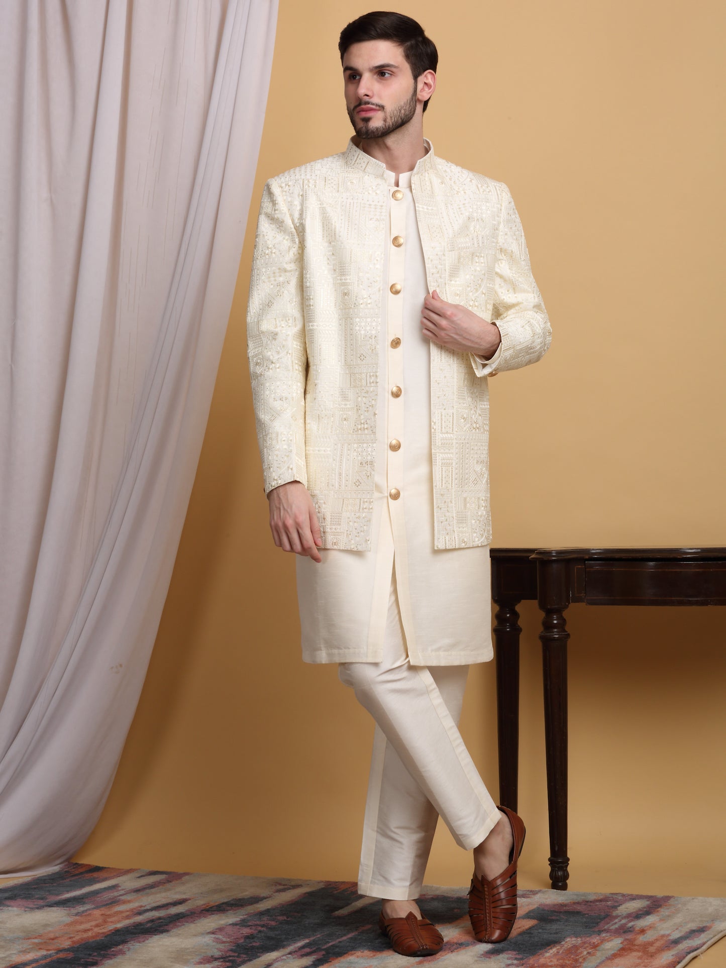 Zardoz Embroidered Open Jacket Set - Ivory