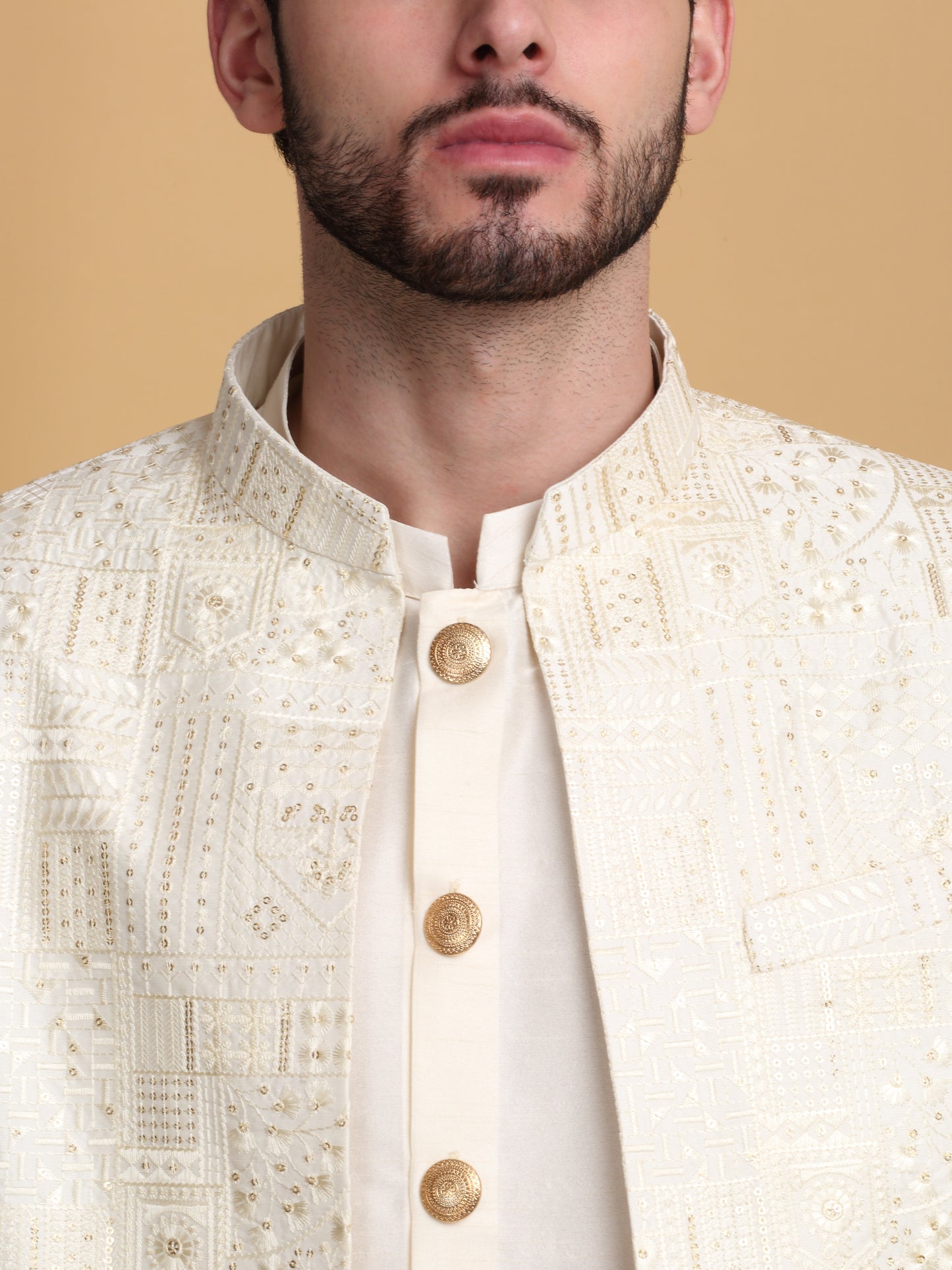 Zardoz Embroidered Open Jacket Set - Ivory