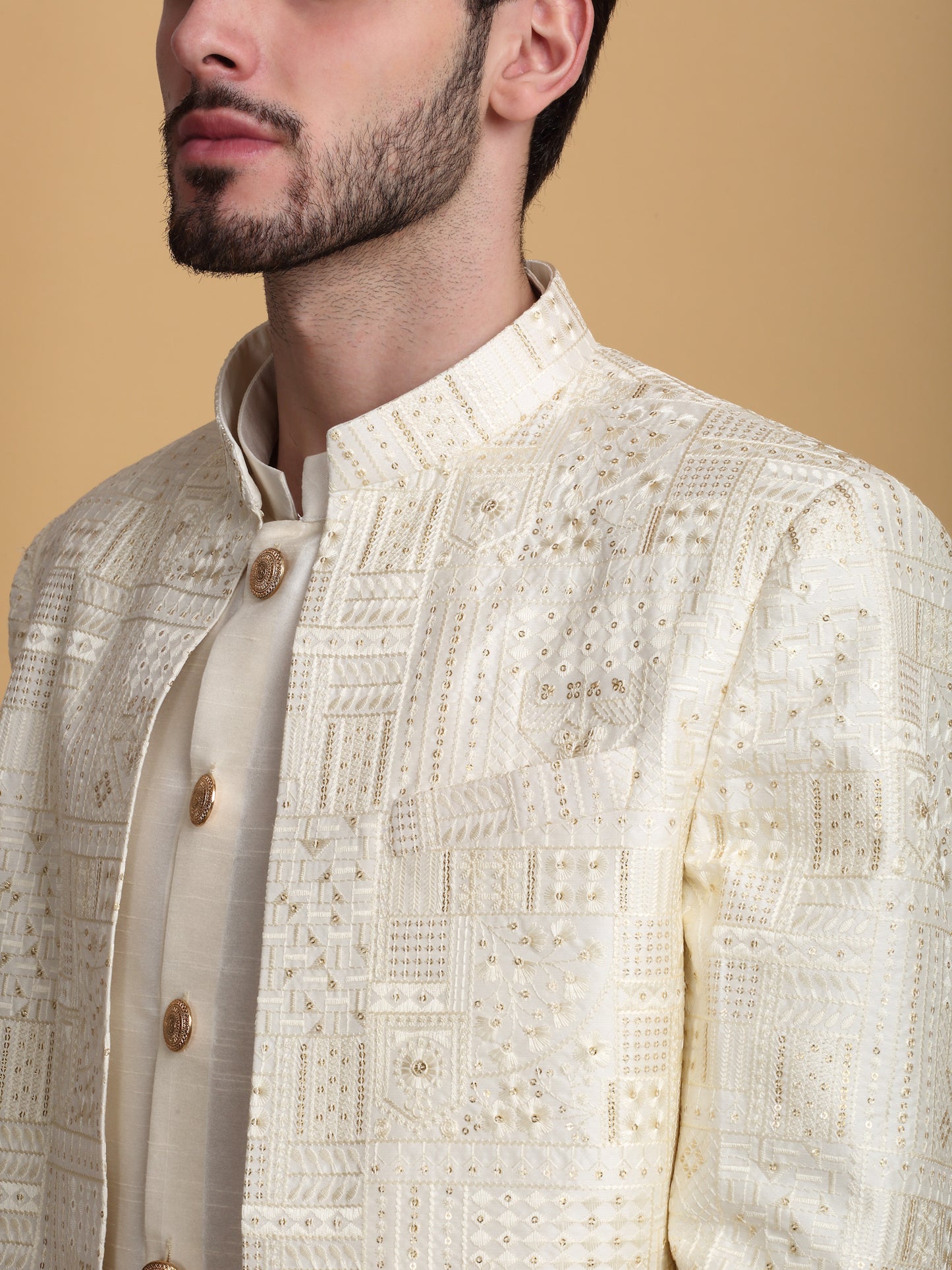 Zardoz Embroidered Open Jacket Set - Ivory