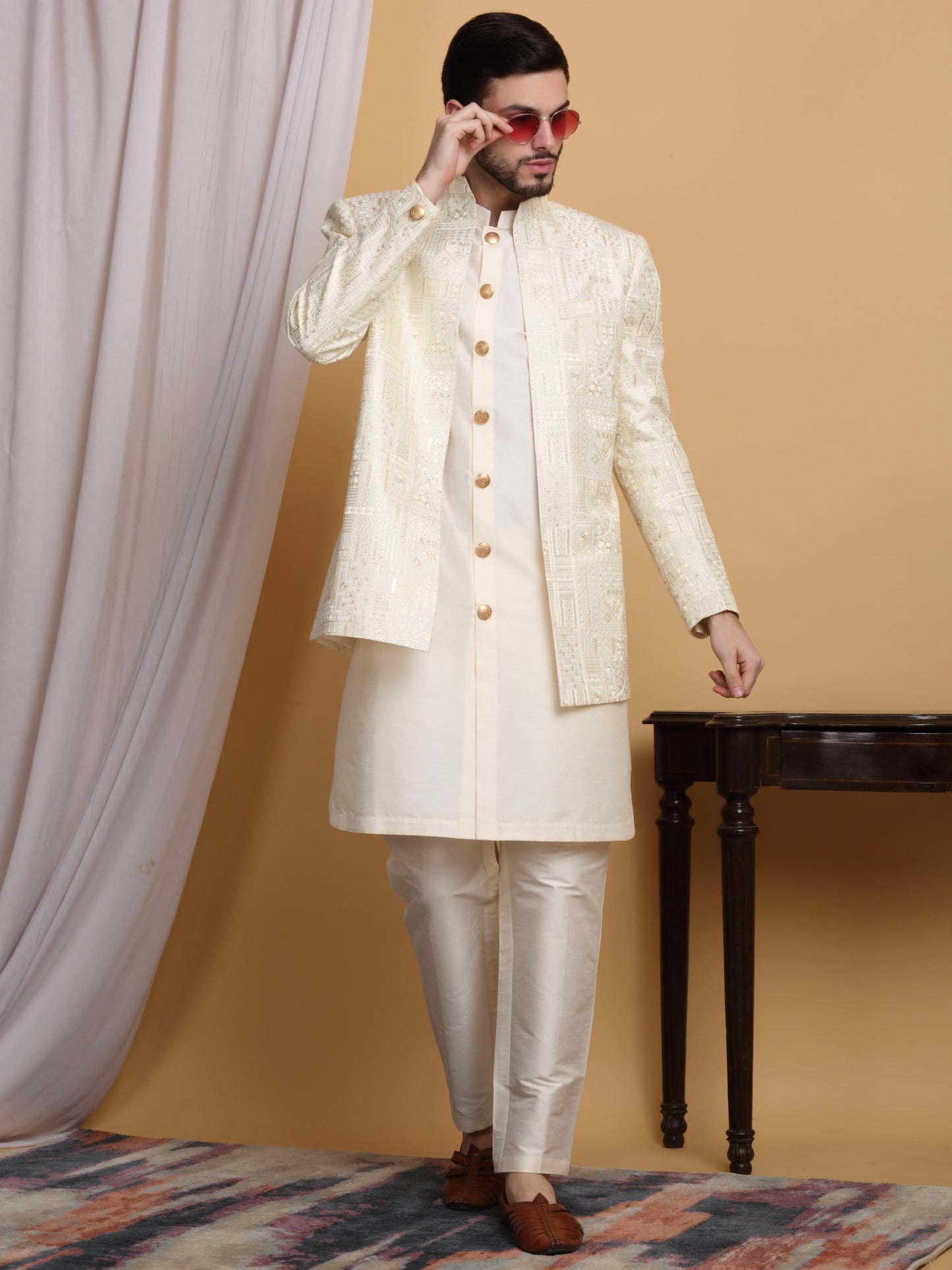 Zardoz Embroidered Open Jacket Set - Ivory