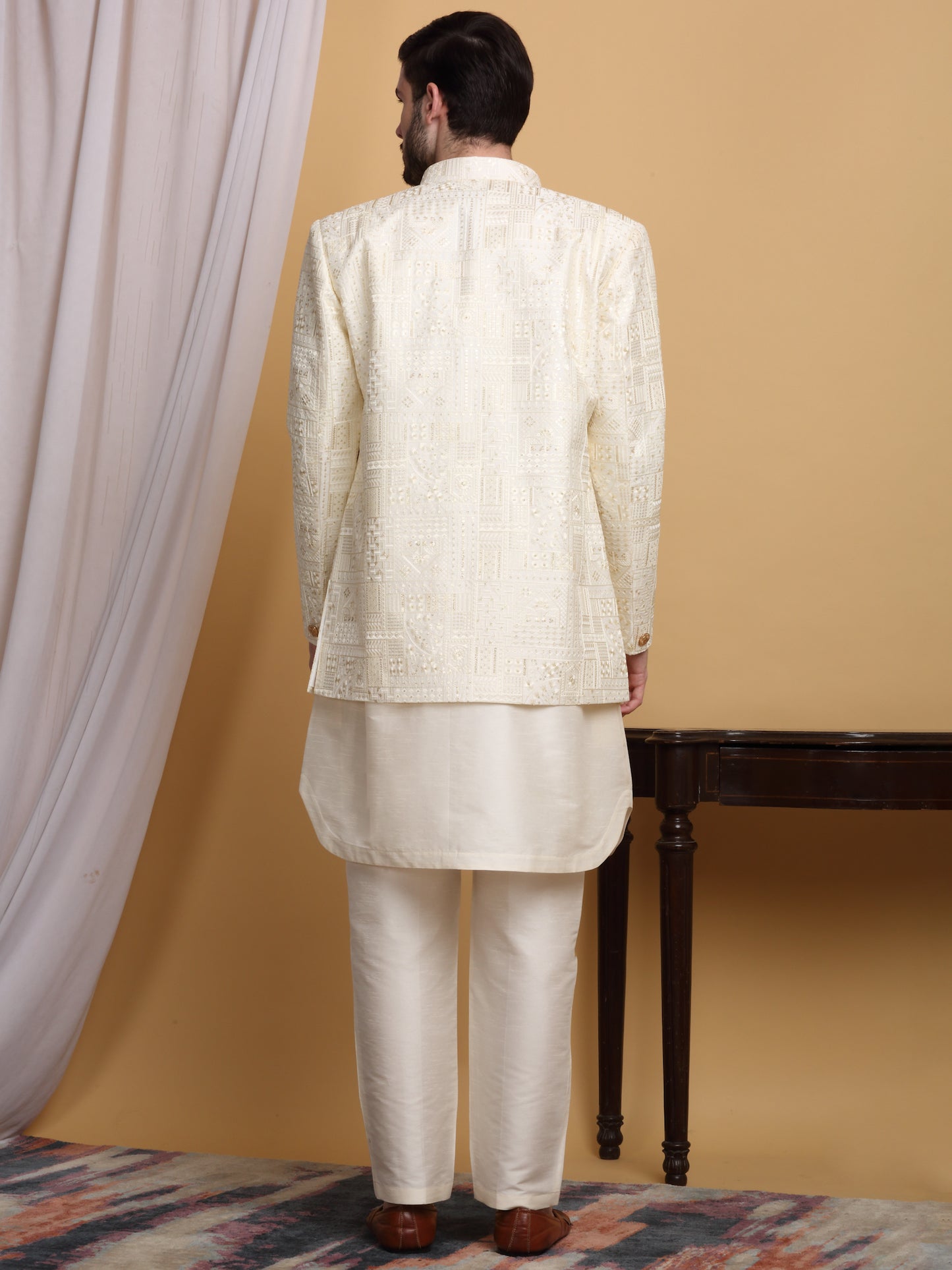 Zardoz Embroidered Open Jacket Set - Ivory