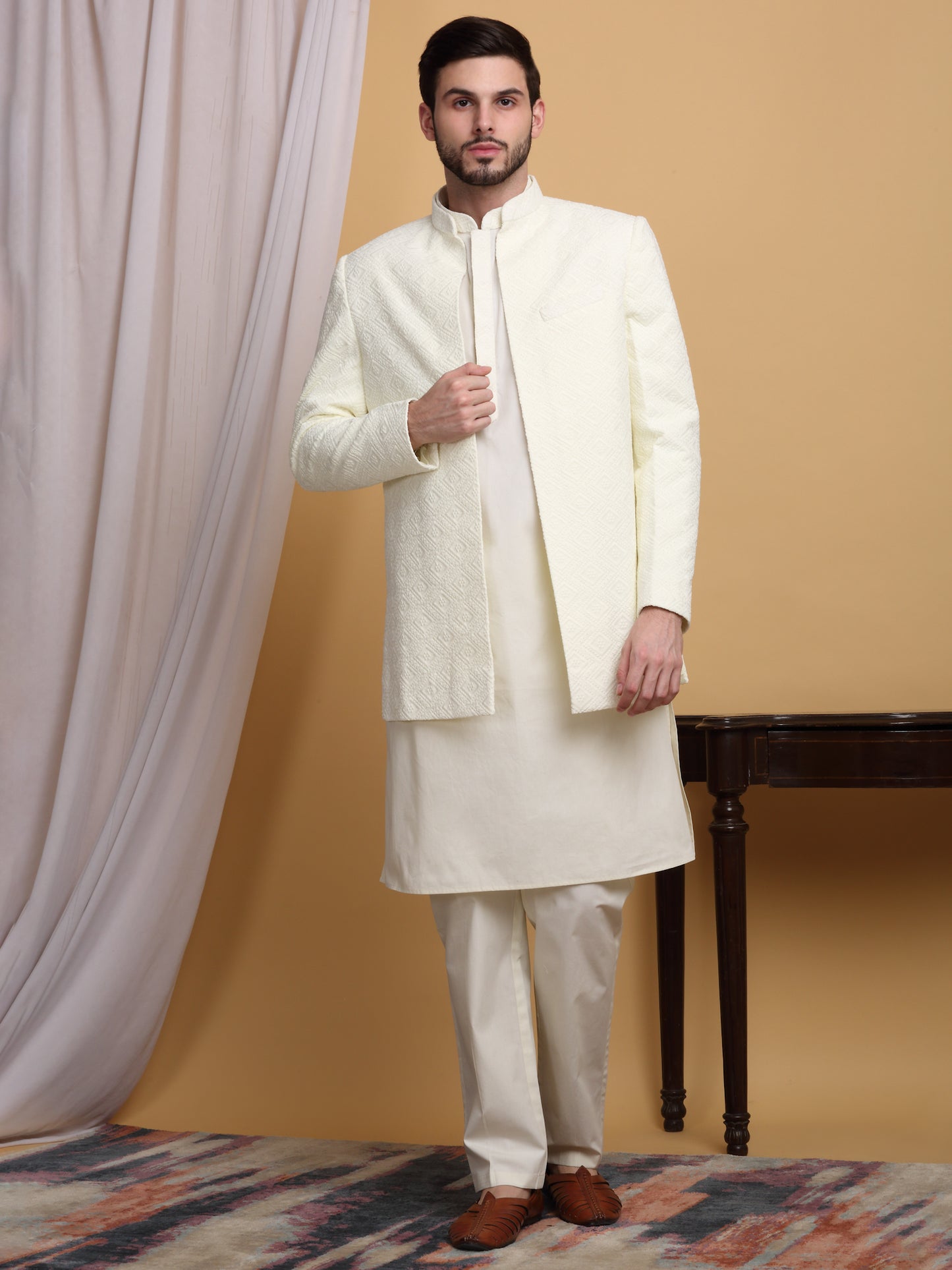 Divyam Embroidered Open Jacket Set - Ivory