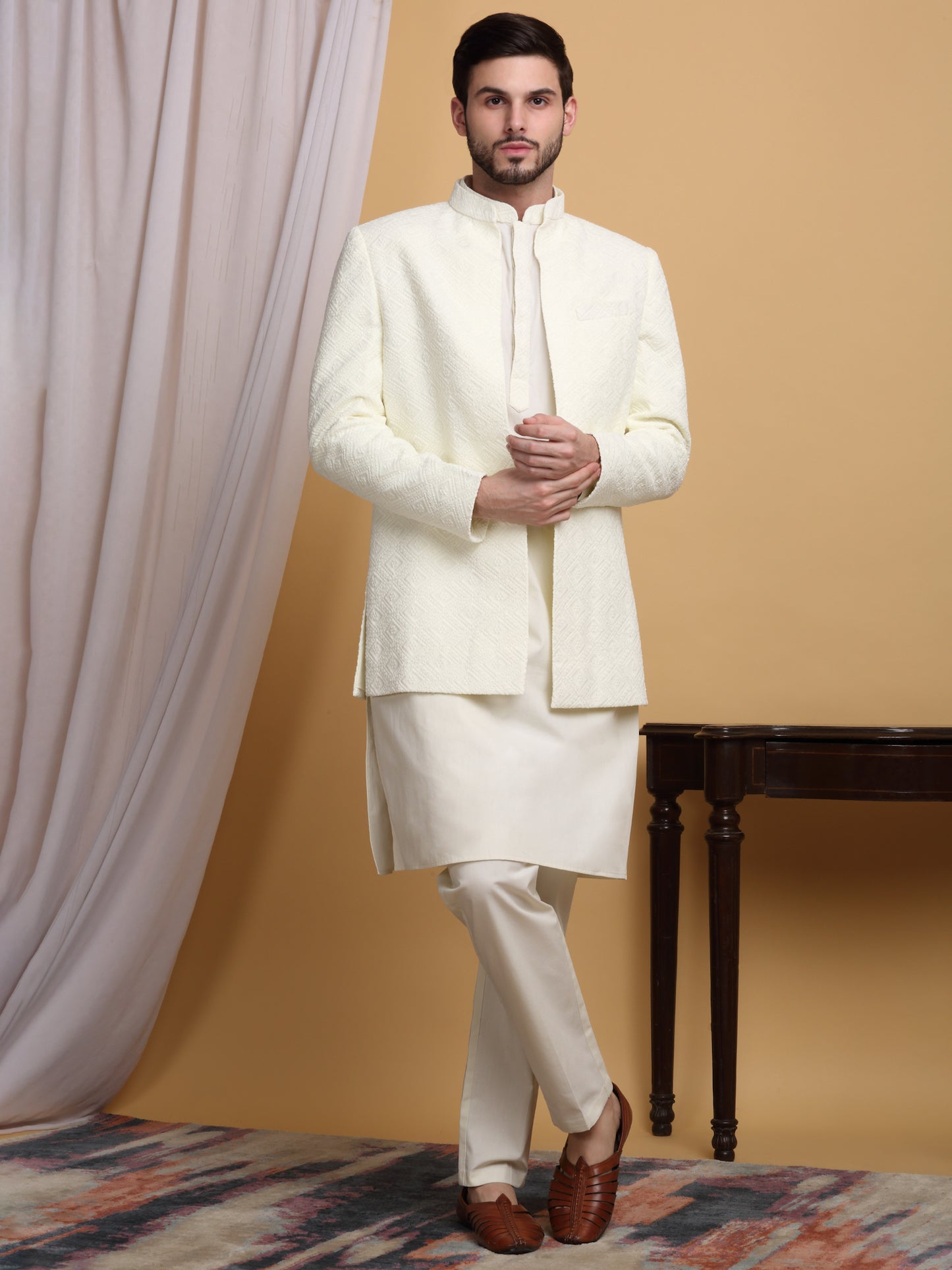 Divyam Embroidered Open Jacket Set - Ivory