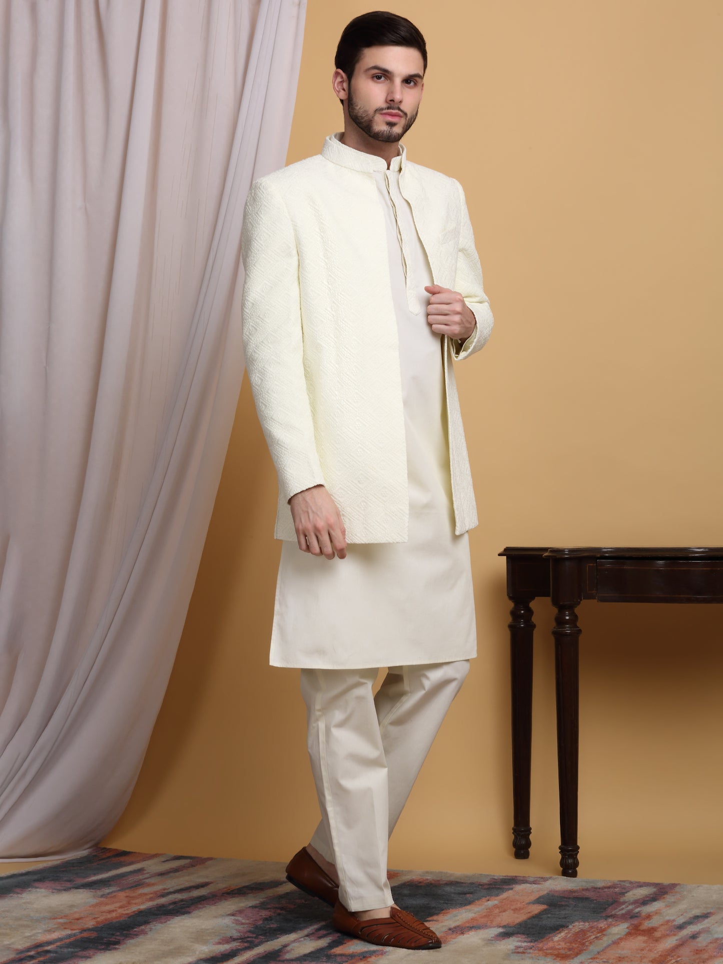 Divyam Embroidered Open Jacket Set - Ivory