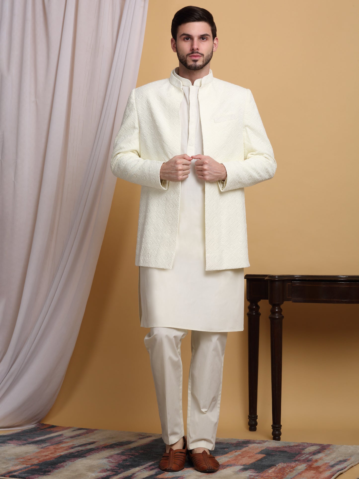 Divyam Embroidered Open Jacket Set - Ivory