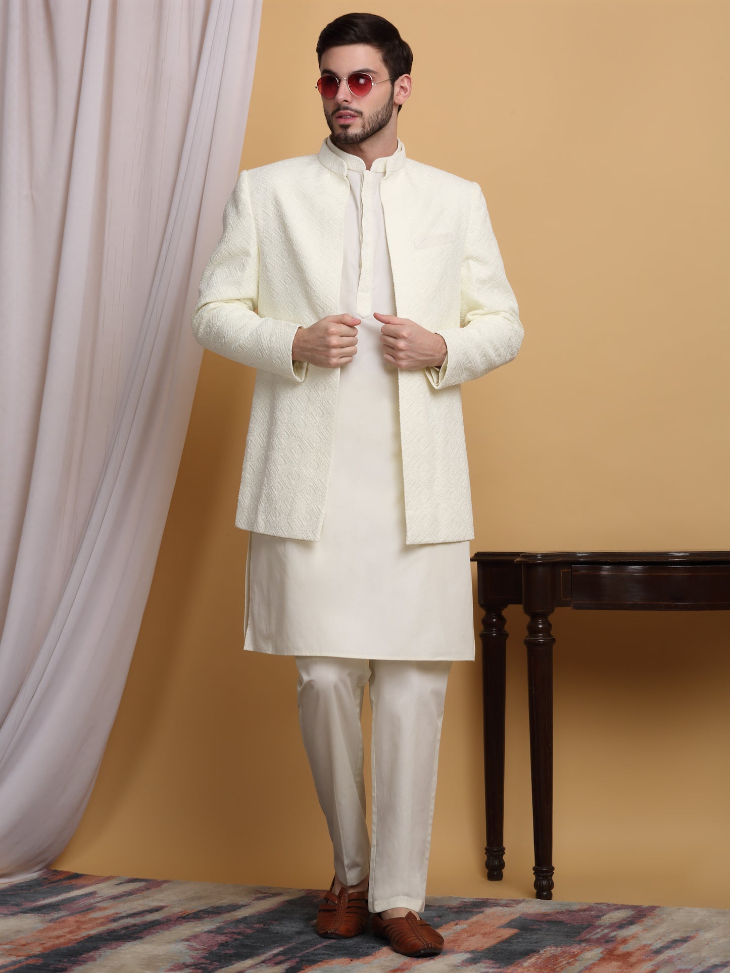 Divyam Embroidered Open Jacket Set - Ivory