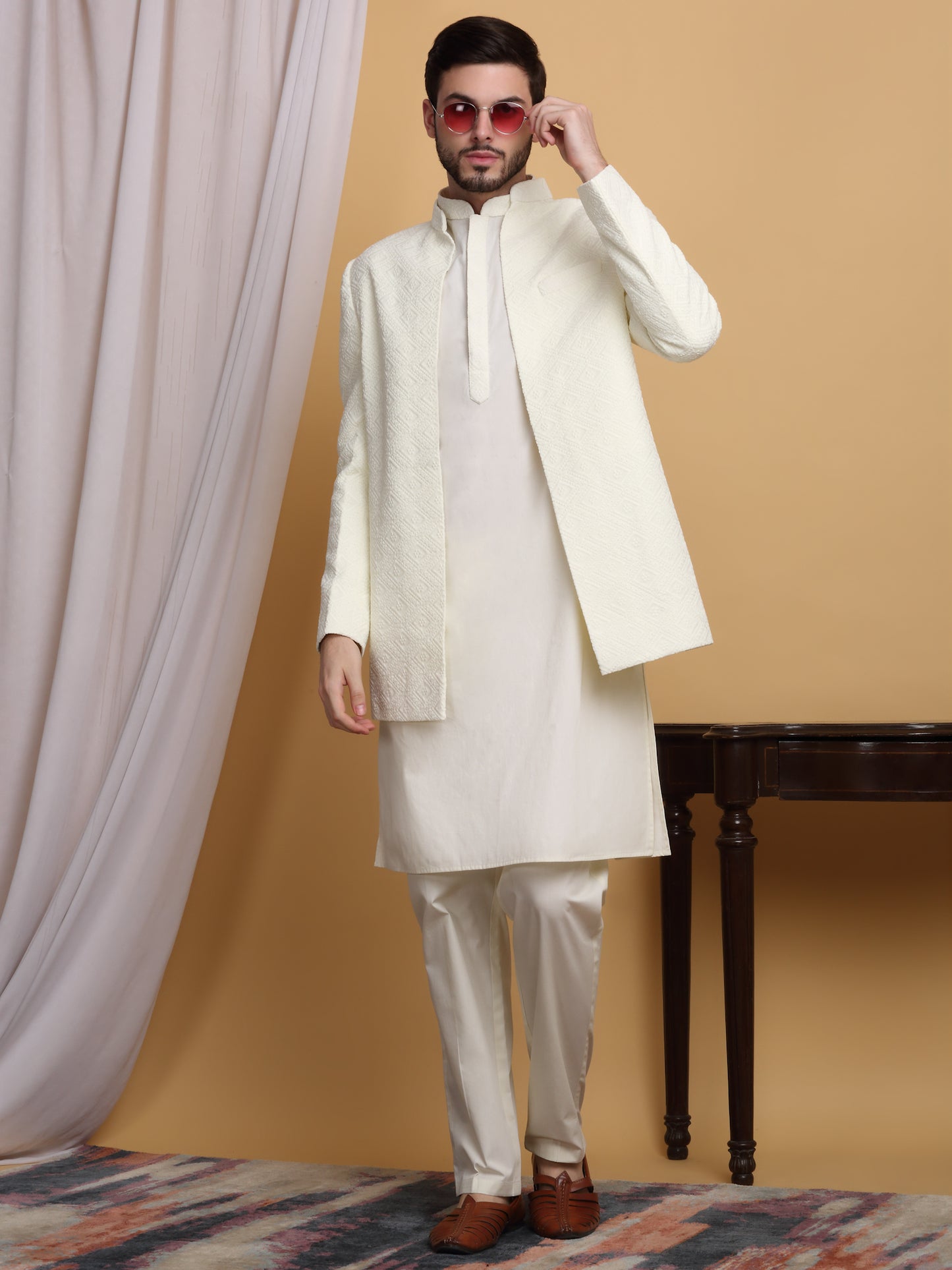 Divyam Embroidered Open Jacket Set - Ivory