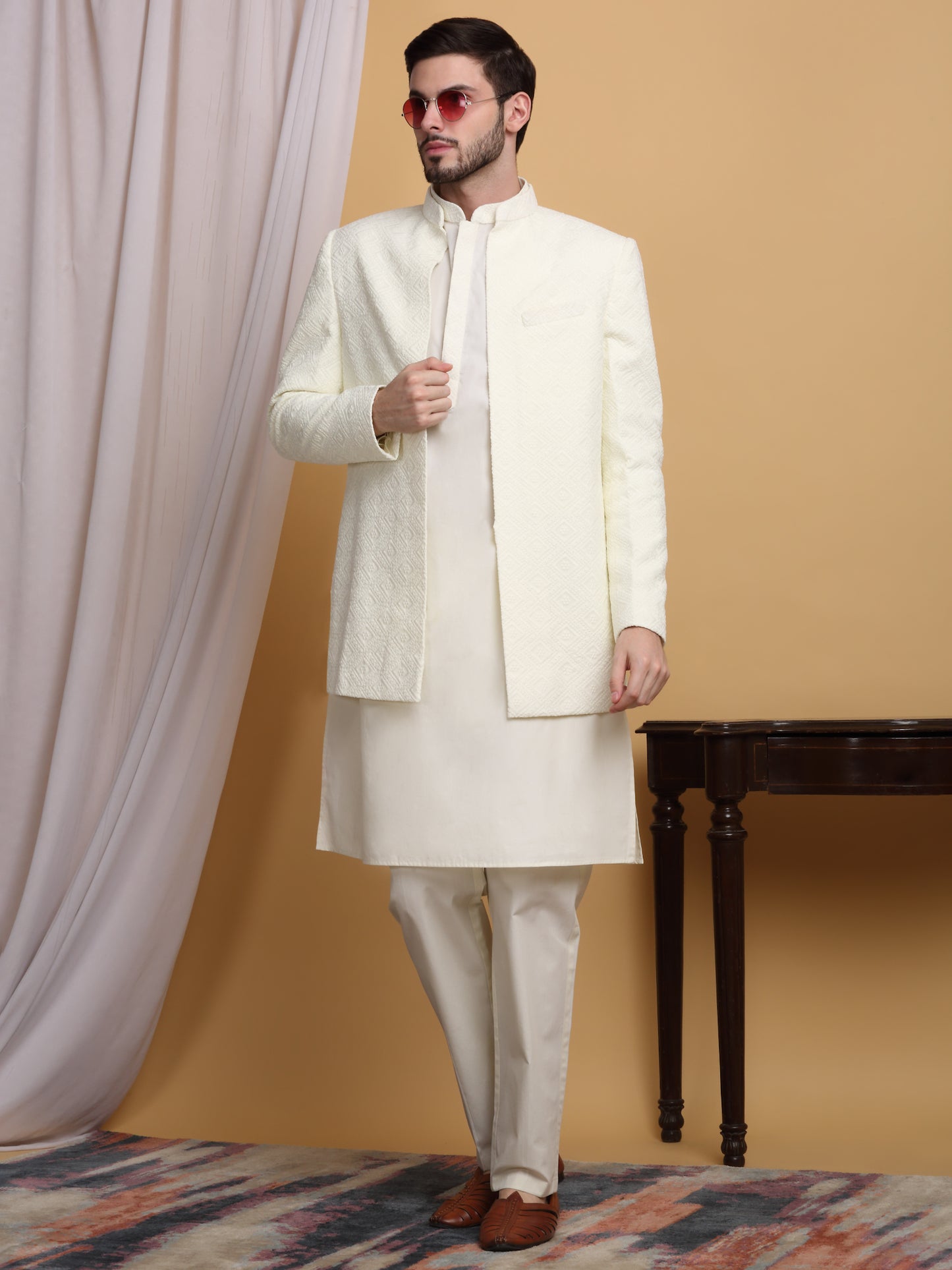 Divyam Embroidered Open Jacket Set - Ivory