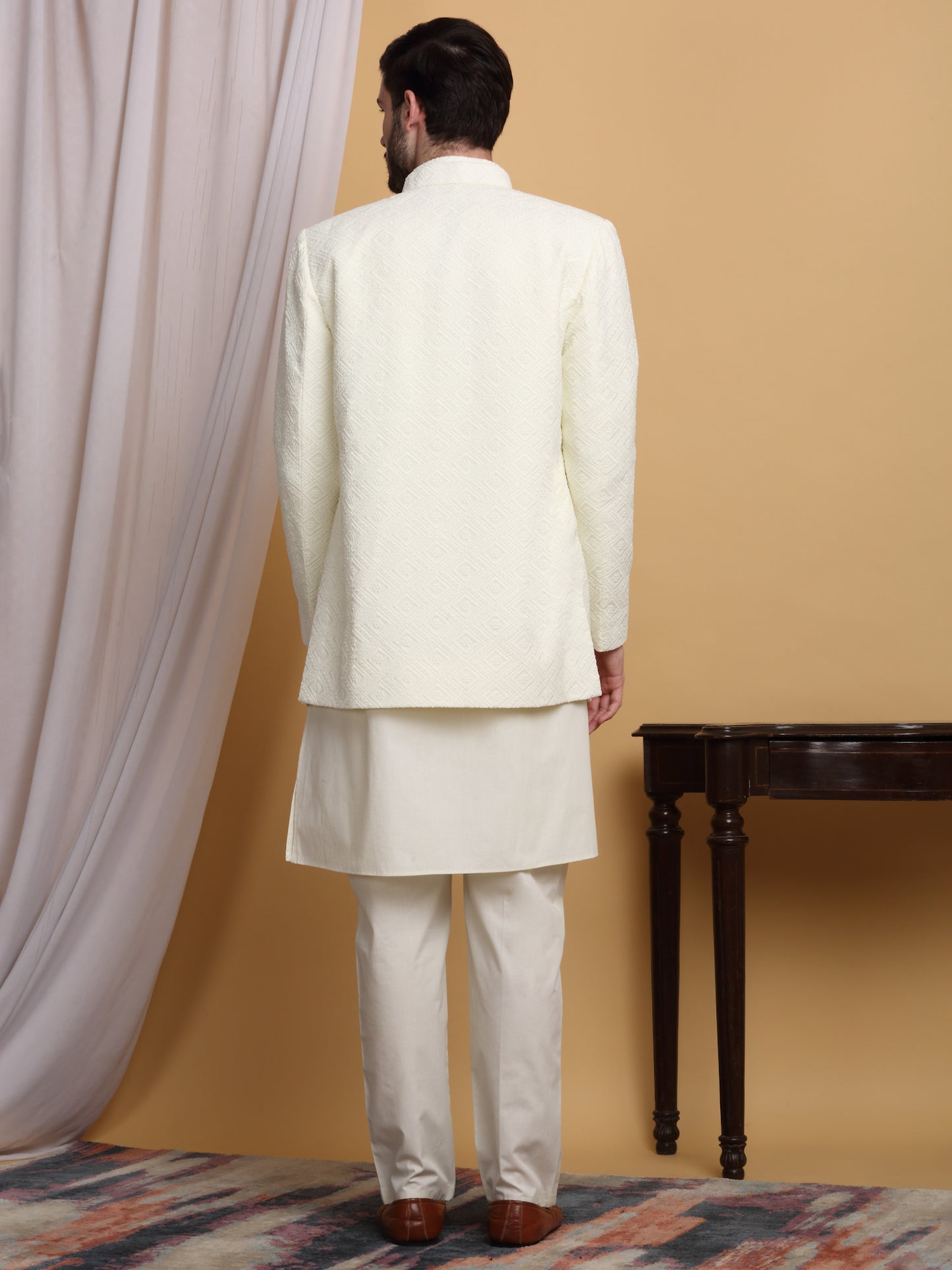 Divyam Embroidered Open Jacket Set - Ivory